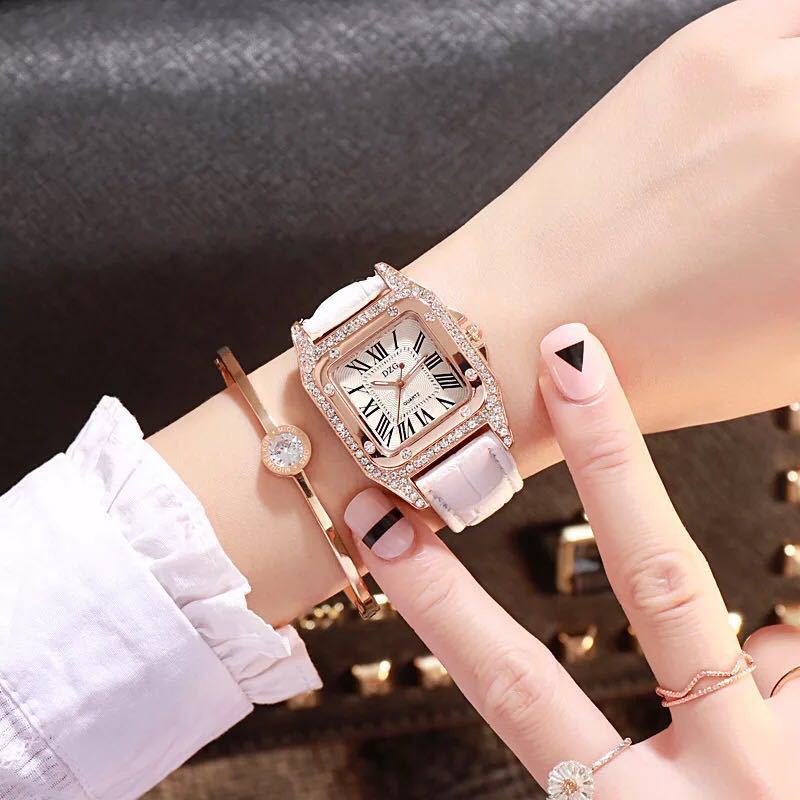 CIELO (COD)Jam Tangan Wanita Analog Quartz Accent Rhinestone PU Leather Strap Bracelet Watch Set Jam Tangan Wanita Mewah Stainless Steel Analog Dial Kotak Romawi Fashion Korean Style Import Fashion