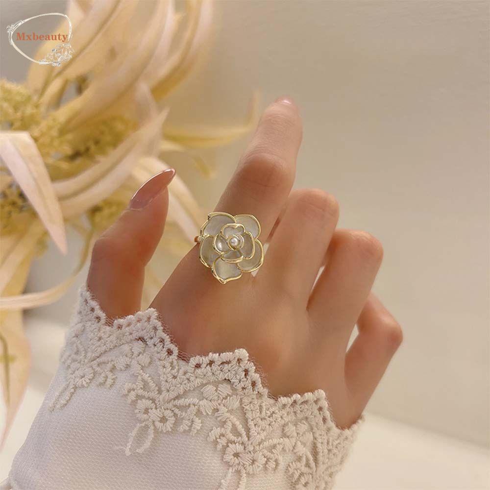 Mxbeauty Camellia Cincin Trendi Halus Dapat Disesuaikan Mutiara Tetes Minyak Bunga Engagement Ring Alloy Gadis Wanita Terbuka Ring