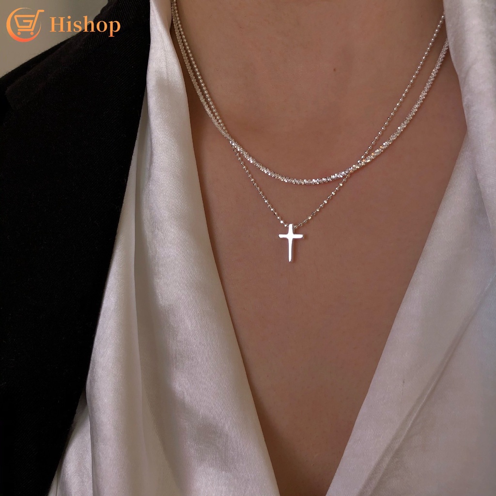 Kalung Liontin Salib Berkilau Choker Rantai Double Layer Silver Untuk Aksesoris Perhiasan Wanita