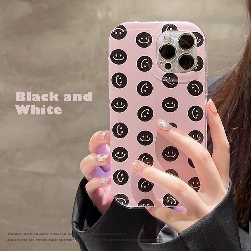 IPHONE Ins Gadis Pink Casing Ponsel Soft Cover Dengan Senyum Hitam Untuk Iphone11 12 13 14 PLUS PRO MAX Perlindungan Penuh Shell