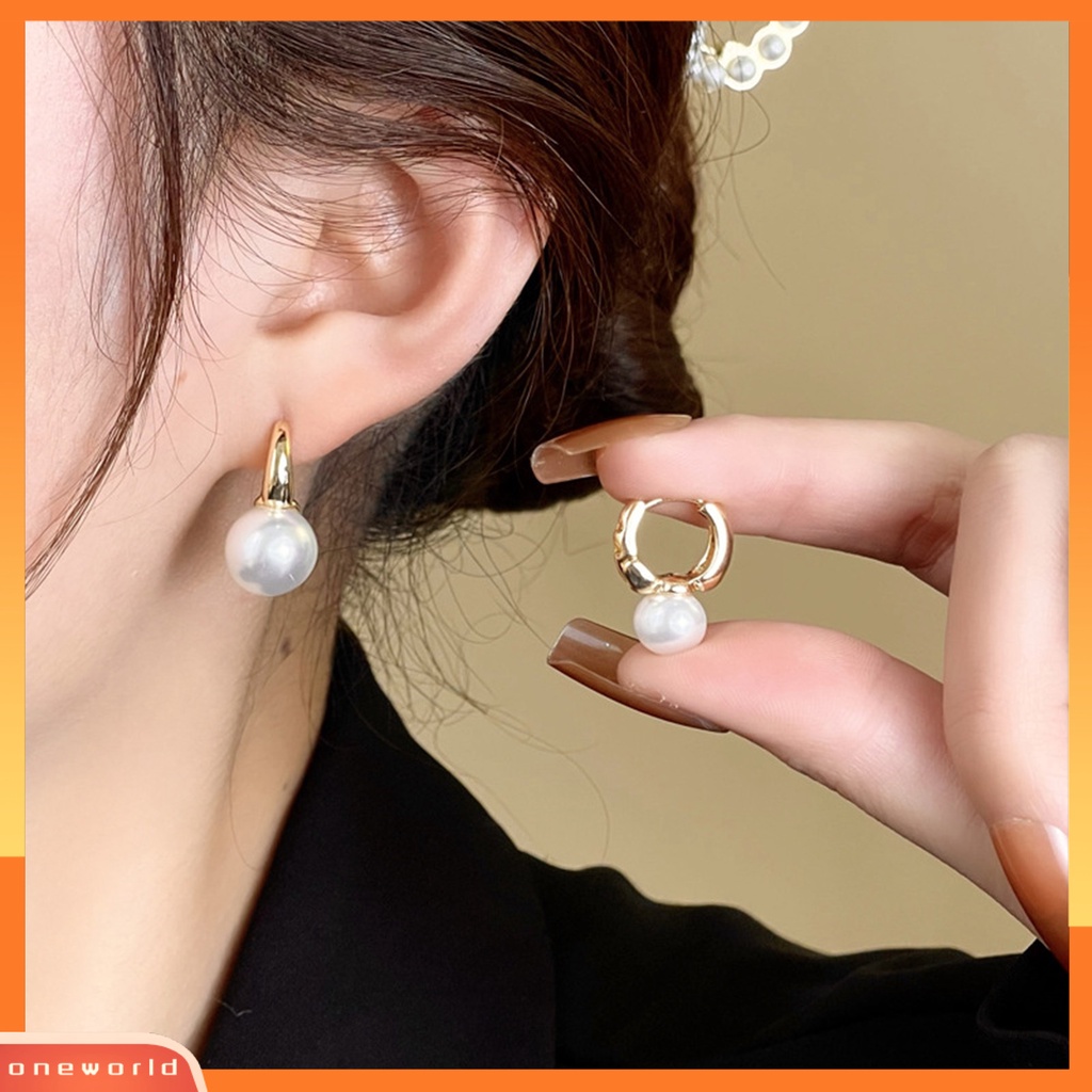 [EONE] 1pasang Anting Pejantan Temperamen Geometris Vintage Hong Kong Gaya High Gloss Hias Elegan Faux Pearl Hoop Earrings Aksesoris Wanita