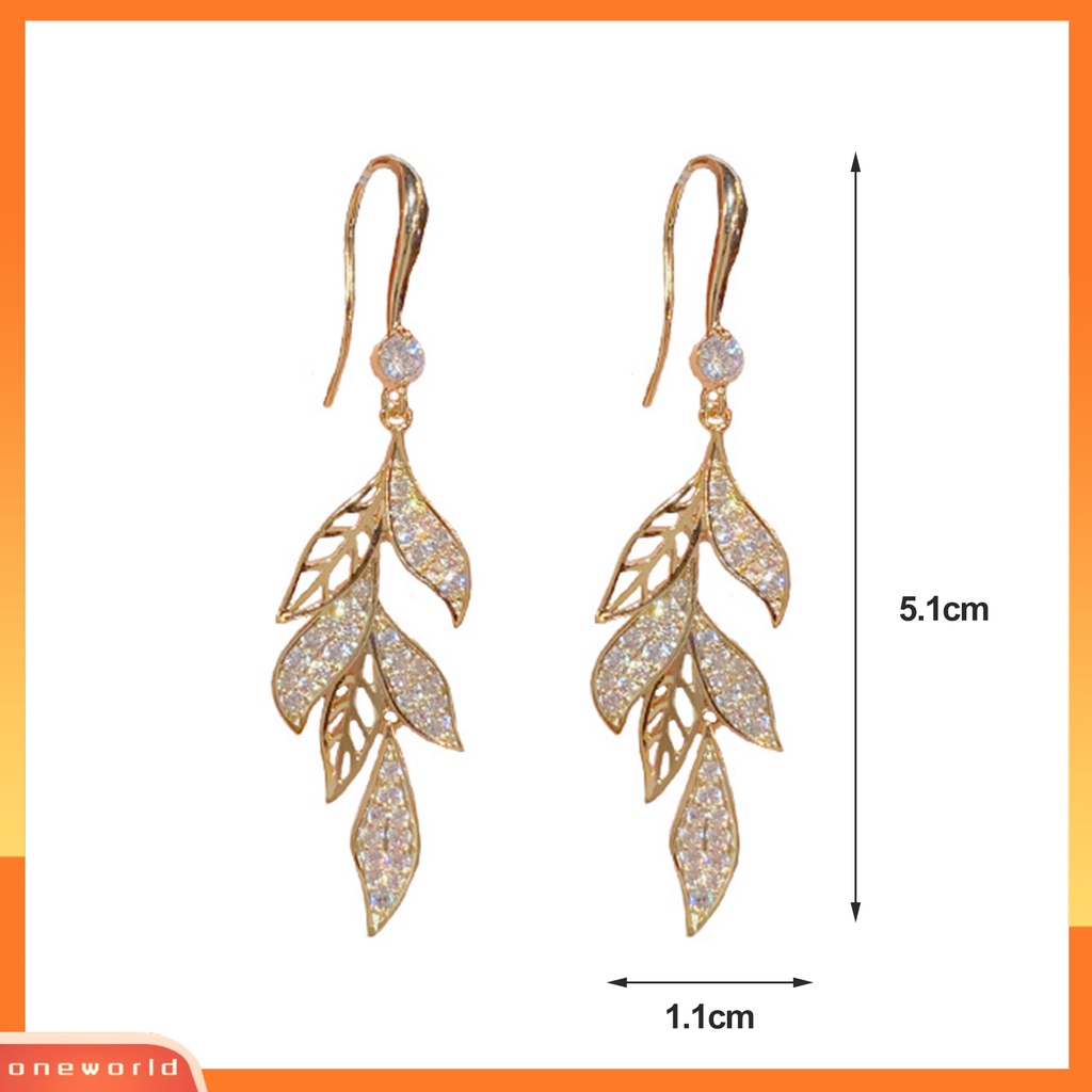 [EONE] 1pasang Anting Kait Dainty Elegan Temperamen Emas Bling Berlian Imitasi Daun Berongga Menjuntai Anting-Anting Perhiasan Aksesoris