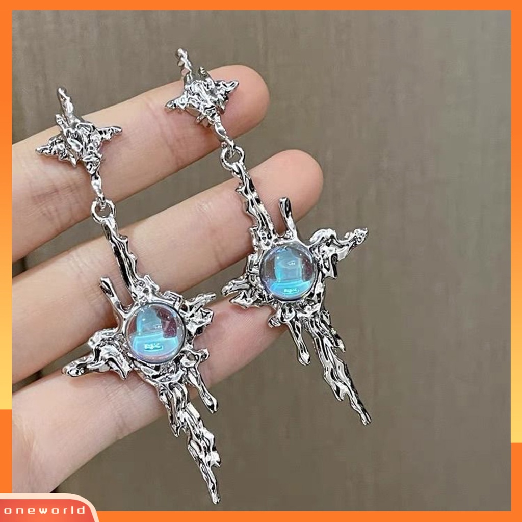 [EONE] 1pasang Drop Earrings Tidak Teratur Cair Logam Panjang Rumbai Hip Hop Kilau Terang Hias Hadiah Wanita Cross Faux Moonstone Pendant Stud Earrings Perhiasan Aksesori Fashion