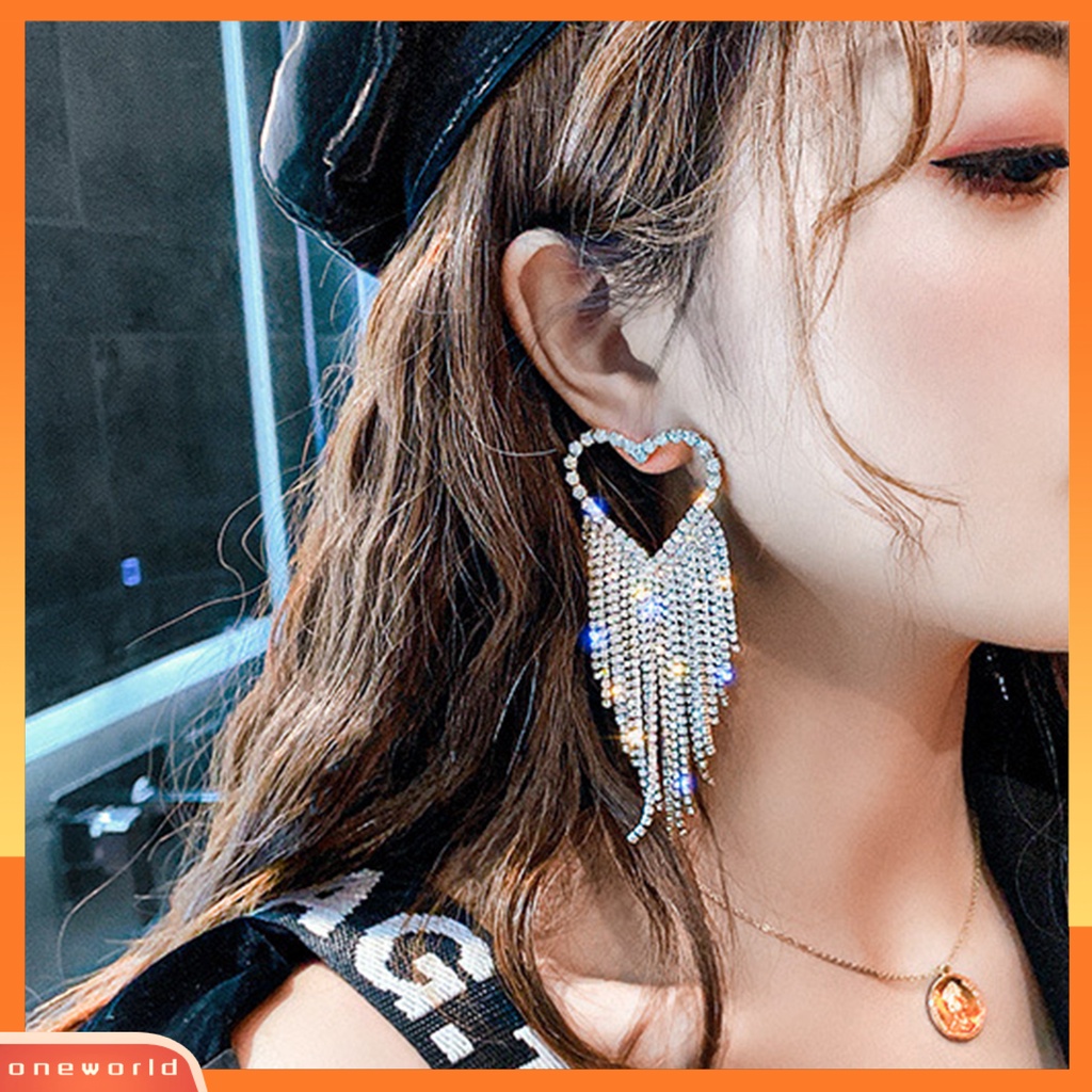 [EONE] 1pasang Drop Earrings Shining Long Tassel Glitter Semua Pertandingan Anti-Alergi Dekorasi Telinga Gaya Korea Temperamen Cinta Hati Penuh Berlian Imitasi Ear Studs Menjuntai Earrings
