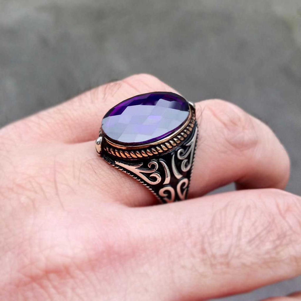 Vintage Ungu Kristal Pria Punk Perhiasan Fashion Perak Baja Titanium Pernikahan Jari Rings