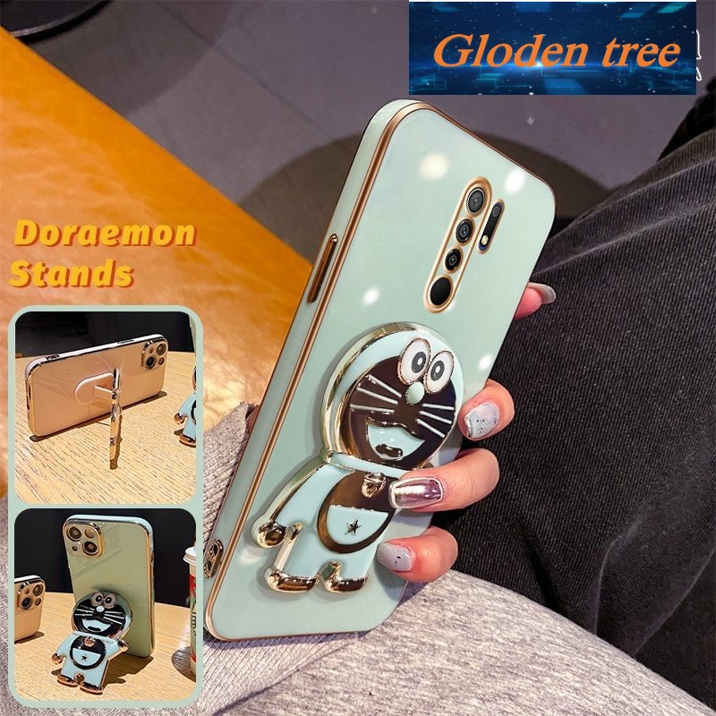 Gloden tree Casing Untuk Xiaomi Redmi 9mi POCO M2 Case Fashion Kartun Doraemon Lipat Stand Phone Case Electroplating Shockproof Phone Holder Case