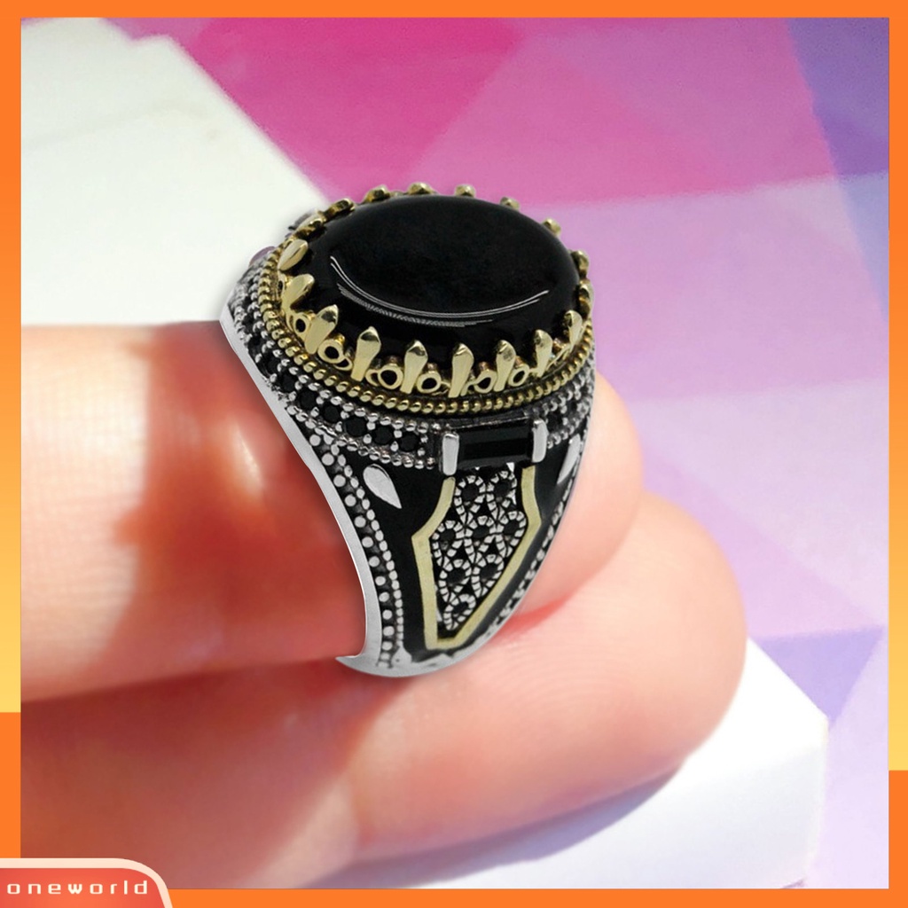 [EONE] Pria Cincin Vintage Punk Logam Ukiran Pola Kuno Two Tone Hias Hadiah Batu Akik Imitasi Bertatahkan Laki-Laki Pesta Cincin Perhiasan Pernikahan