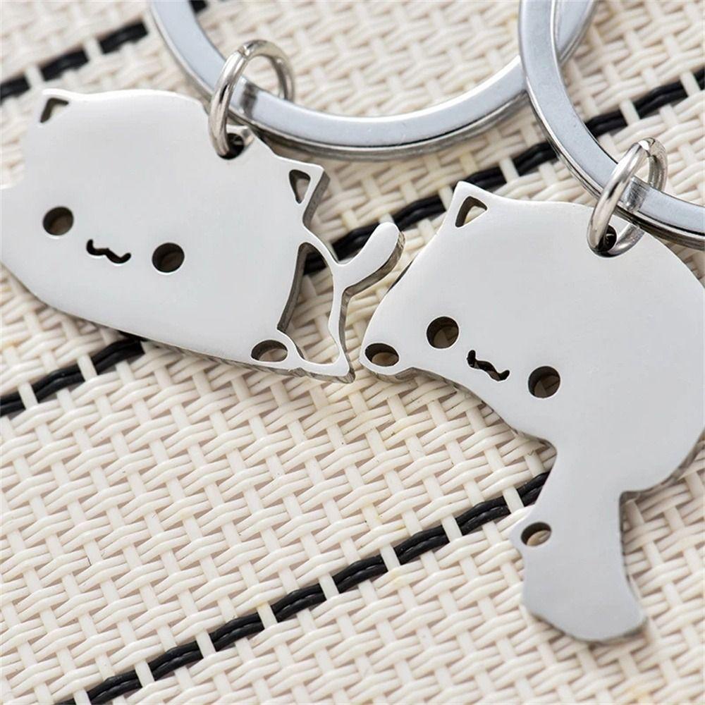 Lanfy Gantungan Kunci Kucing Lucu Indah Stainless Steel Keyring Hadiah Sahabat Kekasih Liontin Puzzle Kucing Keychain