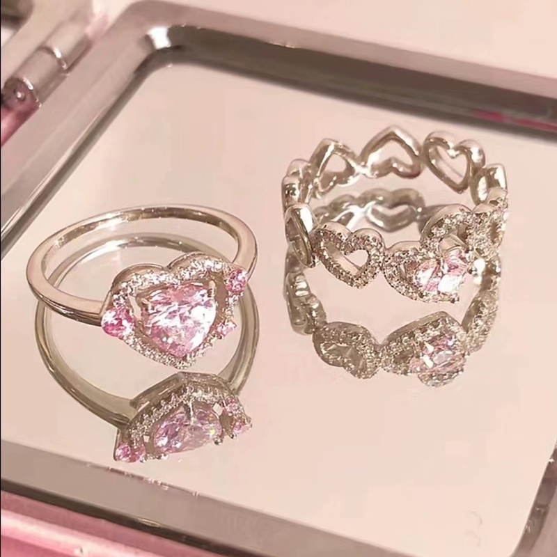 Sweet Pink Zircon Heart Ring Cincin Kristal Silver Untuk Aksesoris Perhiasan Wanita