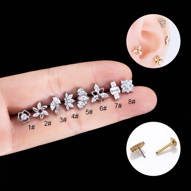 1biji Insert Style G23 Titanium Surgical Steel Labret Stud Bibir Helix Tragus 16Gauge Piercing Bentuk Mahkota Bunga