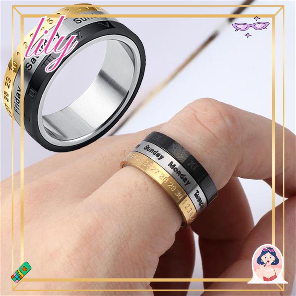 Lily Angka Romawi Cincin Perhiasan Fashion Biker Kalender Tanggal Waktu Baja Titanium 3bagian