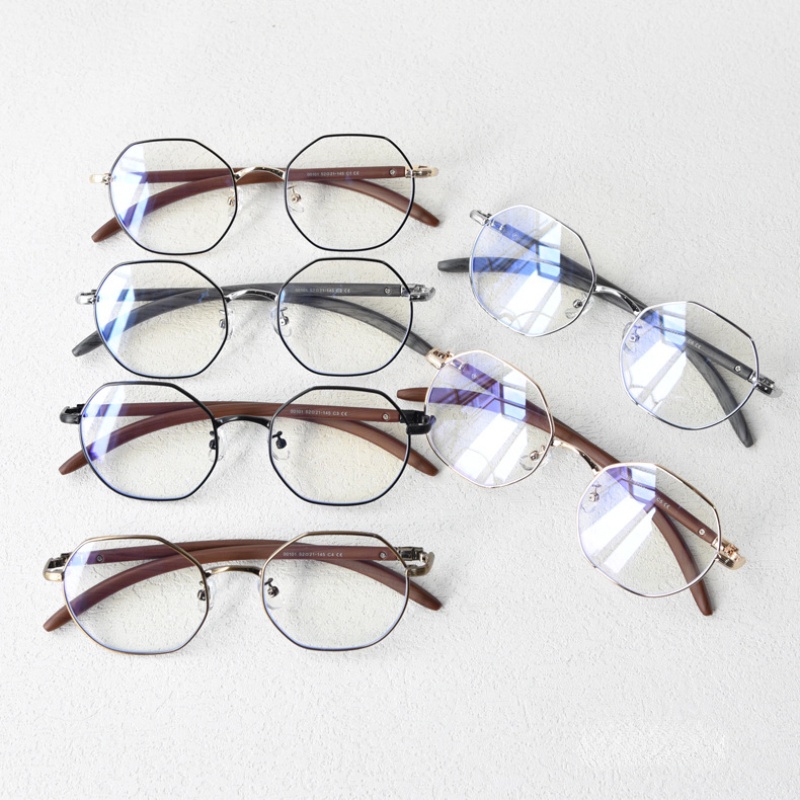 (YUZHU) Vintage Fashion Bingkai Logam Kacamata Poligonal Serat Kayu Candi Anti Cahaya Biru Eyeglasses Unisex