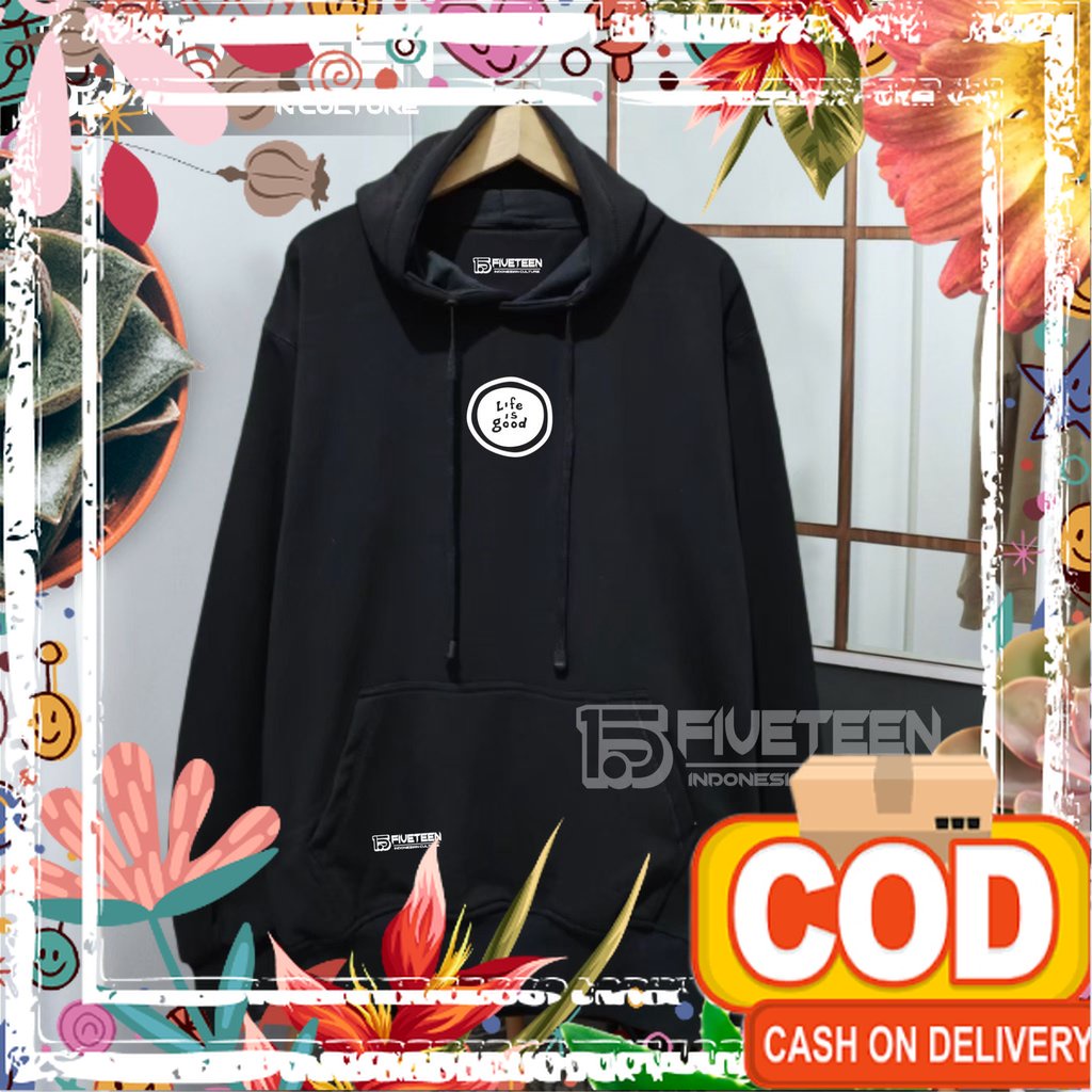 jaket distro original brand 15fifteen15 warna hitam list sablon life is good hoodie cowok distro ori