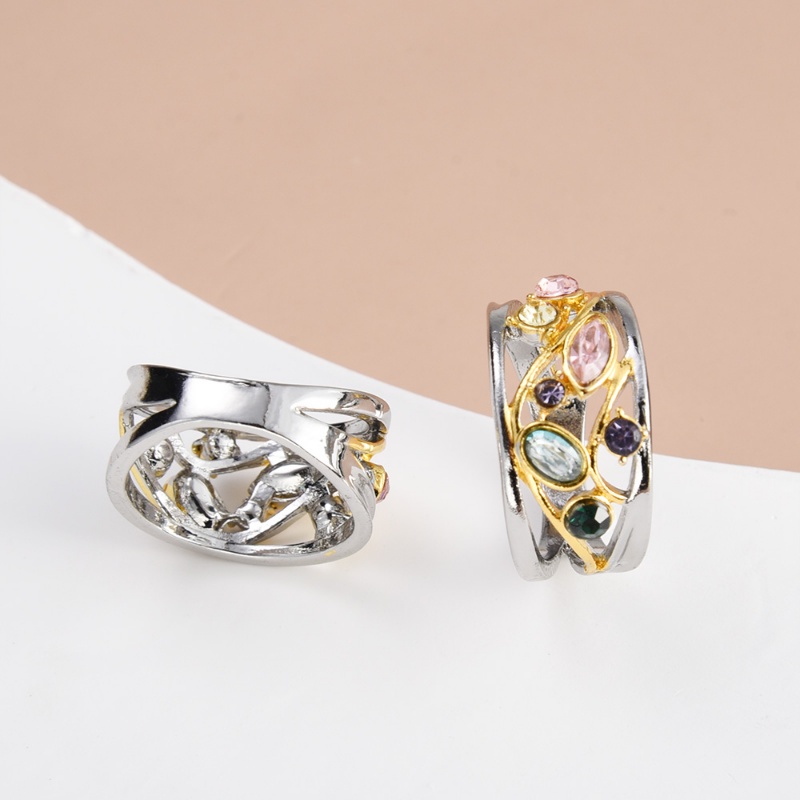 Fashion Sederhana Wanita Multicolor Zirkon Cincin Retro Indah Geometris Berongga Keluar Desain Gelombang Imitasi Batu Permata Jari Rings Perhiasan