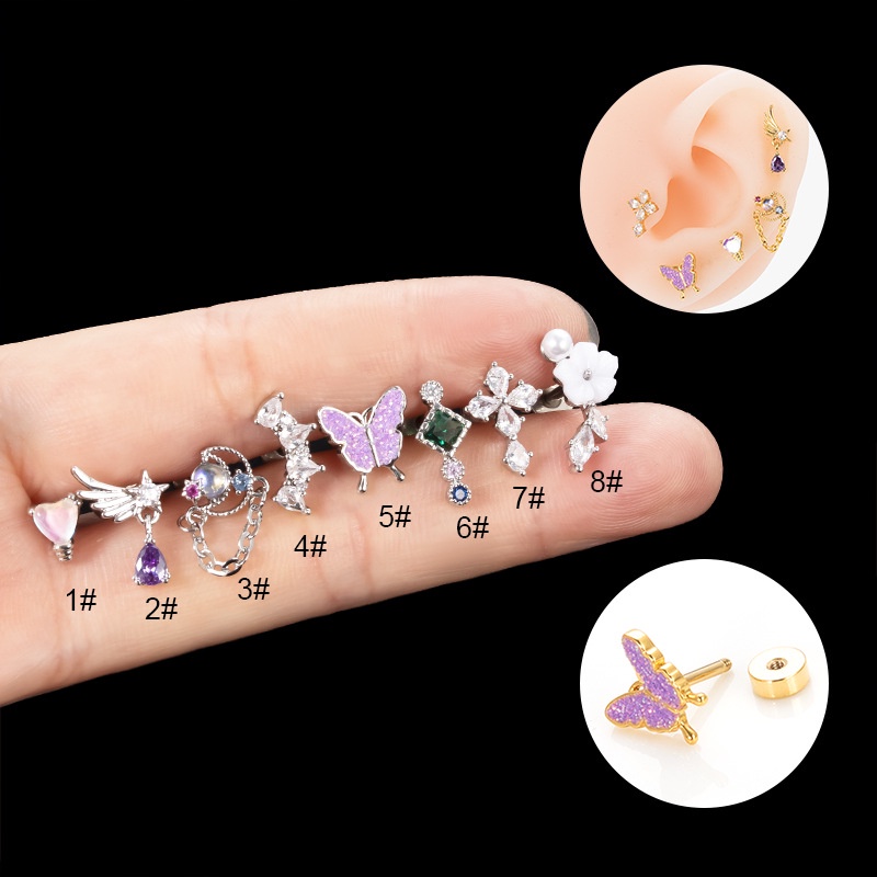 1biji Butterfly Flower Wing Cross Cartilage Stud Earring Helix Tragus Piercing 20Gauge Stainless Steel Dengan Zircon