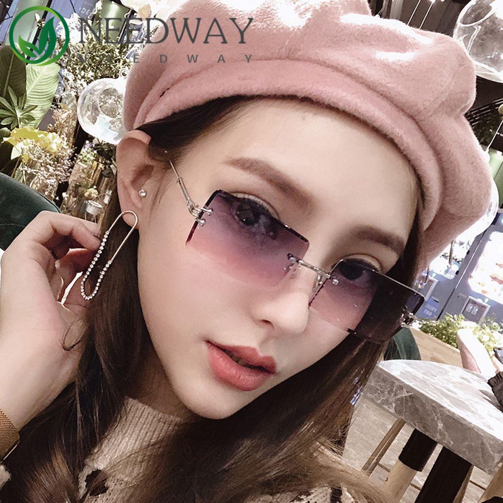 Needway   Wanita Kacamata Hitam Vintage Travel UV400 Gradasi Jelly Warna Frameless Square Eyewear