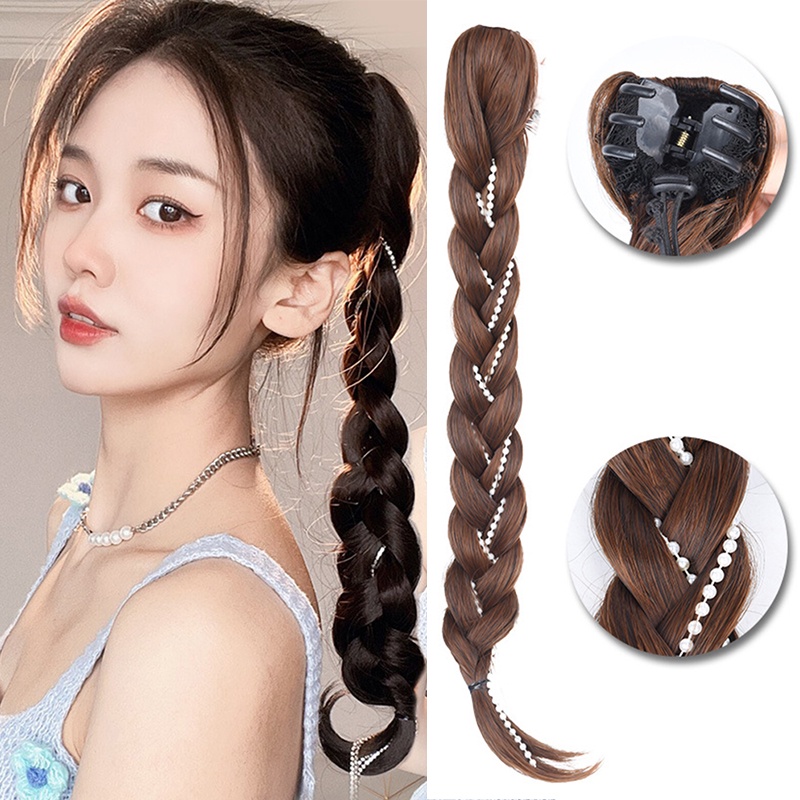 Gelembung Alami Tinju Ponytail Mutiara Kepang Wig Gadis Pedas Tulang Ikan Twist Rambut Ekstensi 50CM