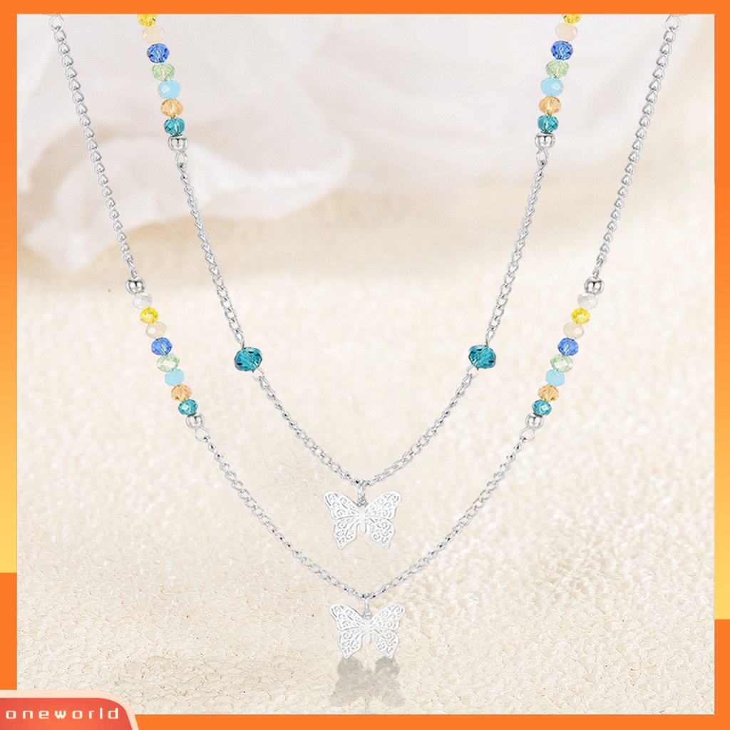[EONE] Wanita Kalung Double Layer Beads Bright Luster Elegan All-match Dekorasi Hadiah Kupu-Kupu Liontin Kalung Sweater Rantai Perhiasan Untuk Pakaian Sehari-Hari