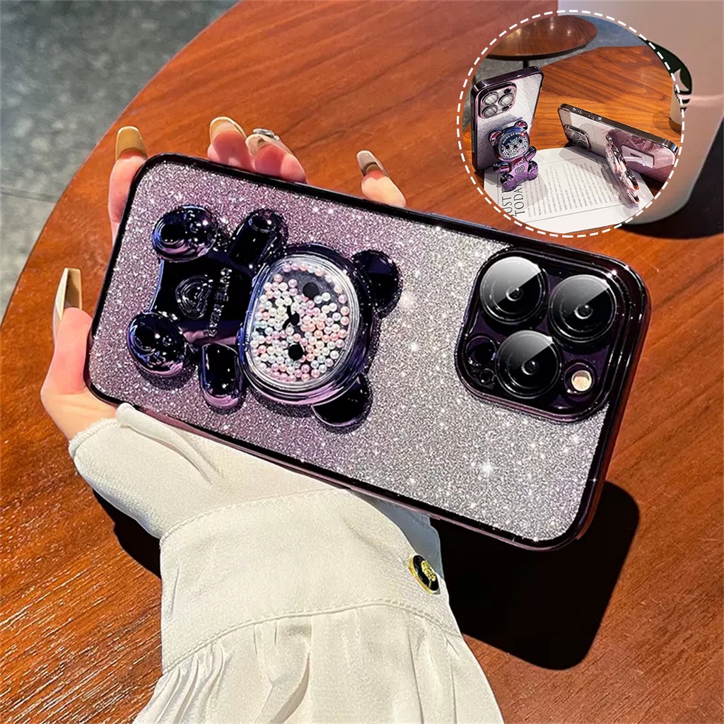 Premium iPhone 14 Pro Max Case Dengan Kamera Pelindung Lensa Case Iphone14 Plus Case12 13 Pro Max 11 Pro Max Creative Stand Bear Shock Protection TPU Soft Case