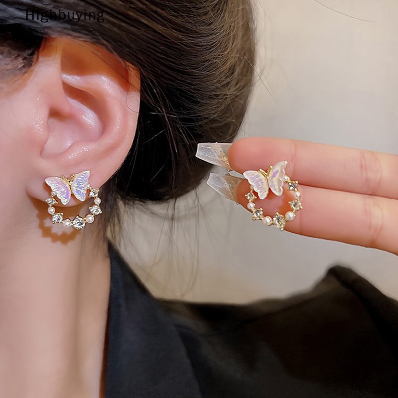 Hbid Korea Baru Fashion Shiny Butterfly Stud Earrings Untuk Wanita Halus Berlian Imitasi Mutiara Lingkaran Anting Pengantin Pernikahan Perhiasan Hadiah Glory