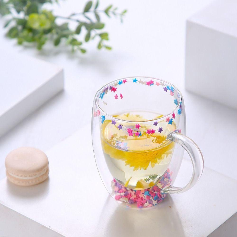 Populer Double Wall Glass Cup Handmade Insulated High Borosilicate Tea Drink Cups Cangkir Kopi Whisky Cup Dengan Isian Bintang Glitters