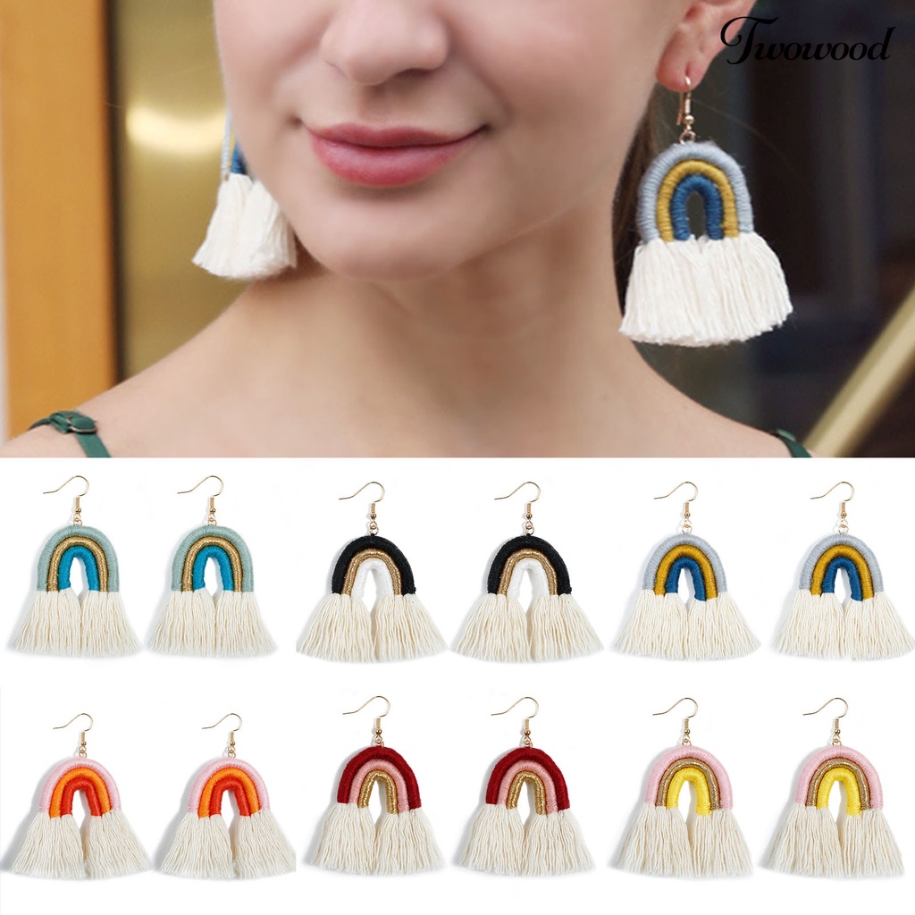 Twowood 1pasang Anting Pelangi Bohemian Menarik Hias Lapis Rumbai Rainbow Hook Menjuntai Earrings Untuk Kehidupan Sehari-Hari