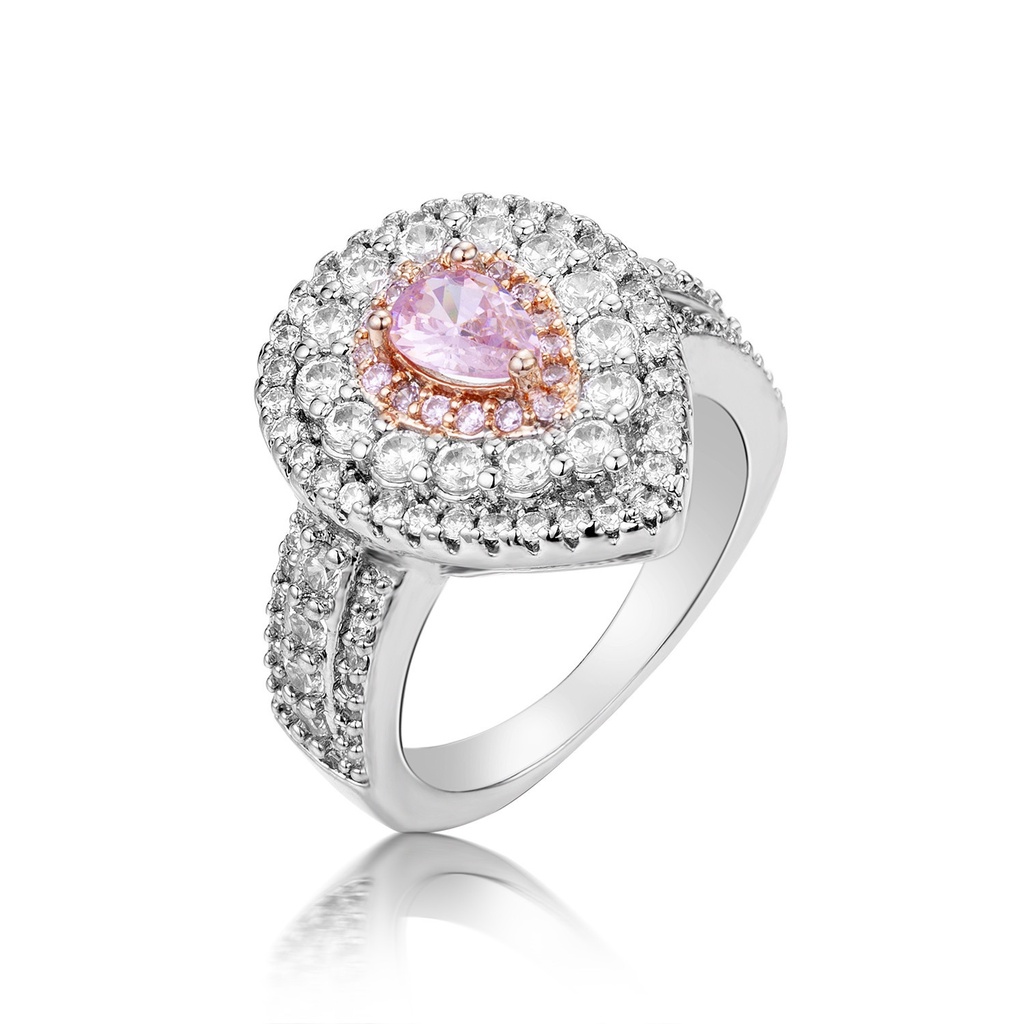 Goldkingdom Aksesoris Perhiasan Fashion Ready Stock Water Drop Pear Shaped Pink Diamond Ring Rose Gold Split Ring