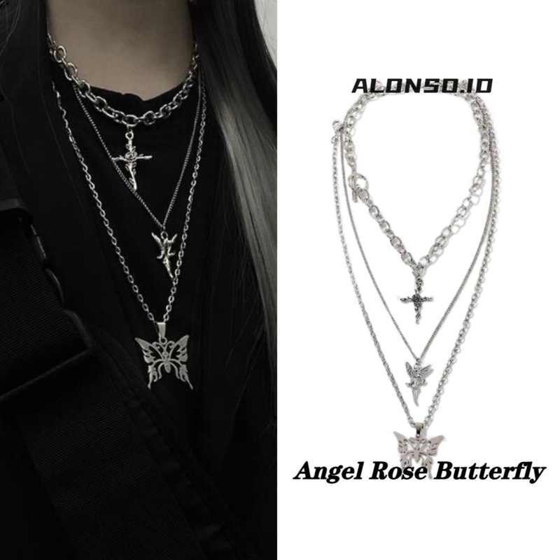 Aksesoris Kalung Angel Rose Butterfly Pendant Hamburger Kepribadian Hip Hop Asli Gaya Suede