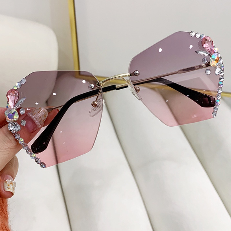 (YUZHU) Korean Fashion Oversized Rimless Sunglasses Metal Diamond Kacamata Hitam Anti UV Untuk Wanita