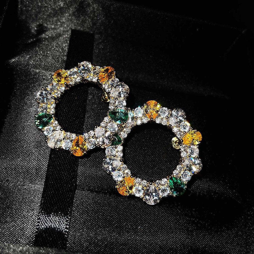 Goldkingdom Aksesoris Perhiasan Fashion Ready Stock, Anting Berlian Warna Mewah Bulat Geometris, Anting Hoop, Anting Pejantan Berkilau