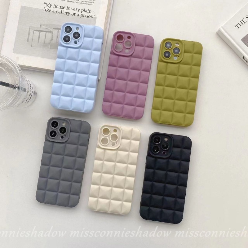 IPHONE Casing Ponsel Kotak Cek Stereoskopik Vintage Mewah Simple Warna Permen Kompatibel Untuk Iphone11 12 13 14 Pro MAX 7 8 6 6s Plus XR X XS MAX SE 2020 Shockproof Soft TPU Back Cover