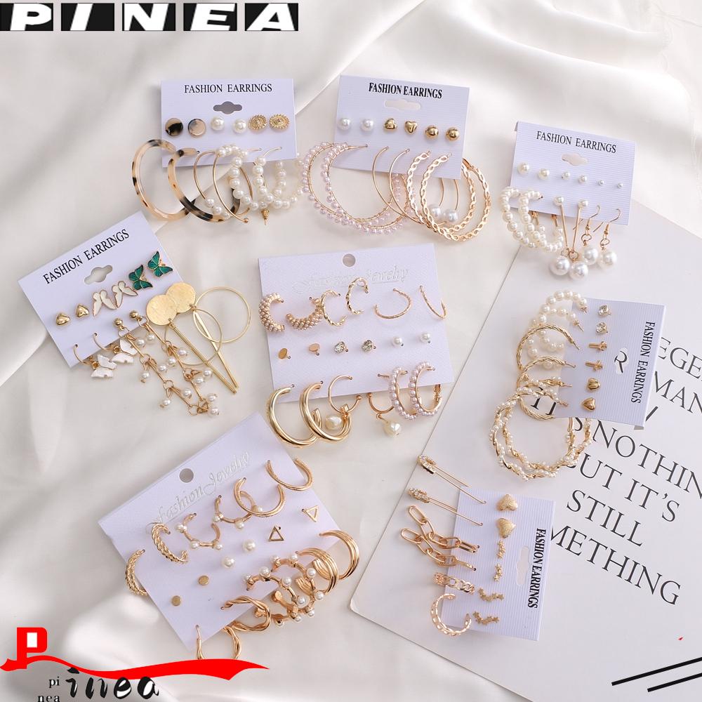 6 Pasang / Set Anting Tusuk / Bulat Gaya Korea Motif Nanas / Kupu-Kupu / Silang / Mutiara Untuk Perhiasan Wanita Butterfly