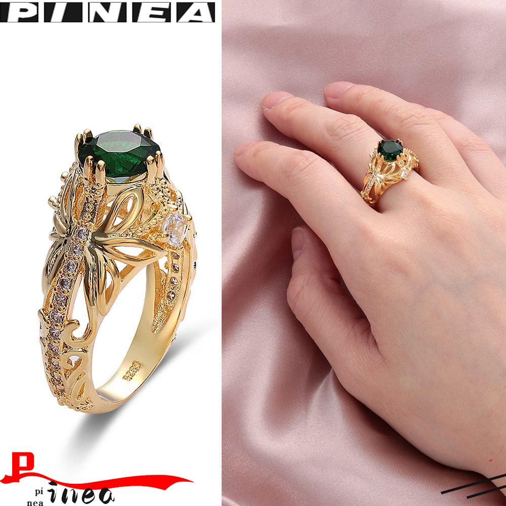 Nanas Zamrud Cincin Hadiah Anniversary Indah Ukuran 6-10 Berlapis Emas 14k