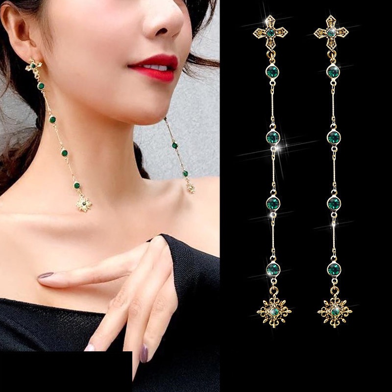 Eropa Amerika Berlebihan Anting Baroque Hijau Berlian Imitasi Salib Panjang Rumbai Retro Anting-Anting