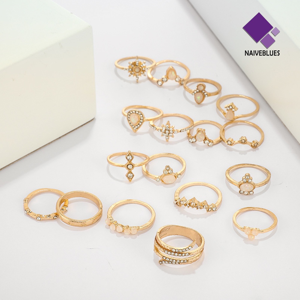 &lt; Naiveblues &gt; 17Pcs/Set Bohemian Wanita Berlian Imitasi Hias Bunga Jari Cincin Hadiah Pesta