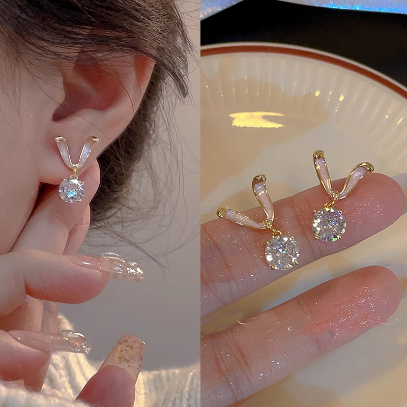 Anting Zirkon Kelinci Manis Berkilau Bling Menjuntai Pendant Ear Studs Untuk Gadis Manis