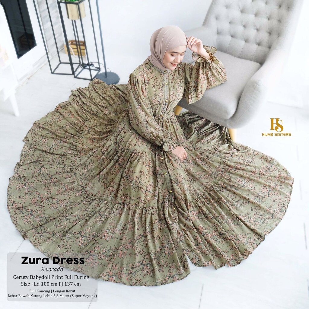 ZURA Dress ORI HIJAB SISTER - Gamis Terbaru Ceruty Babydoll Print Full Furing Bunga-Bunga LD 100