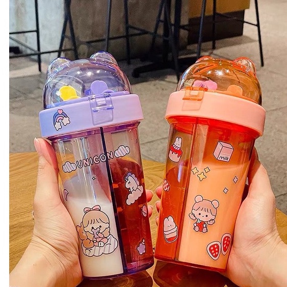 Botol Couple 2 Sisi Kepala Beruang 420ml BPA Free + Sedotan Dan Stiker Lucu / Botol Minum Anak