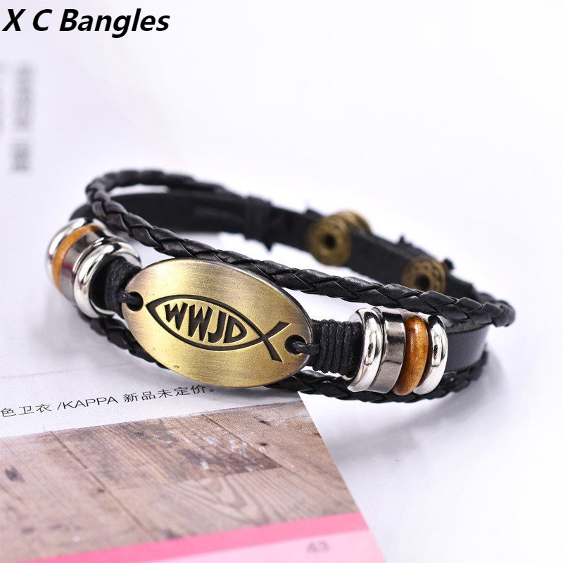 [X C Gelang] Mode Baru WWJD Gelang Kulit Hitam Vintage Hip Hop Punk Gelang Kulit Lengan Manik-Manik Multilayer Zinc Alloy Anyaman Gelang