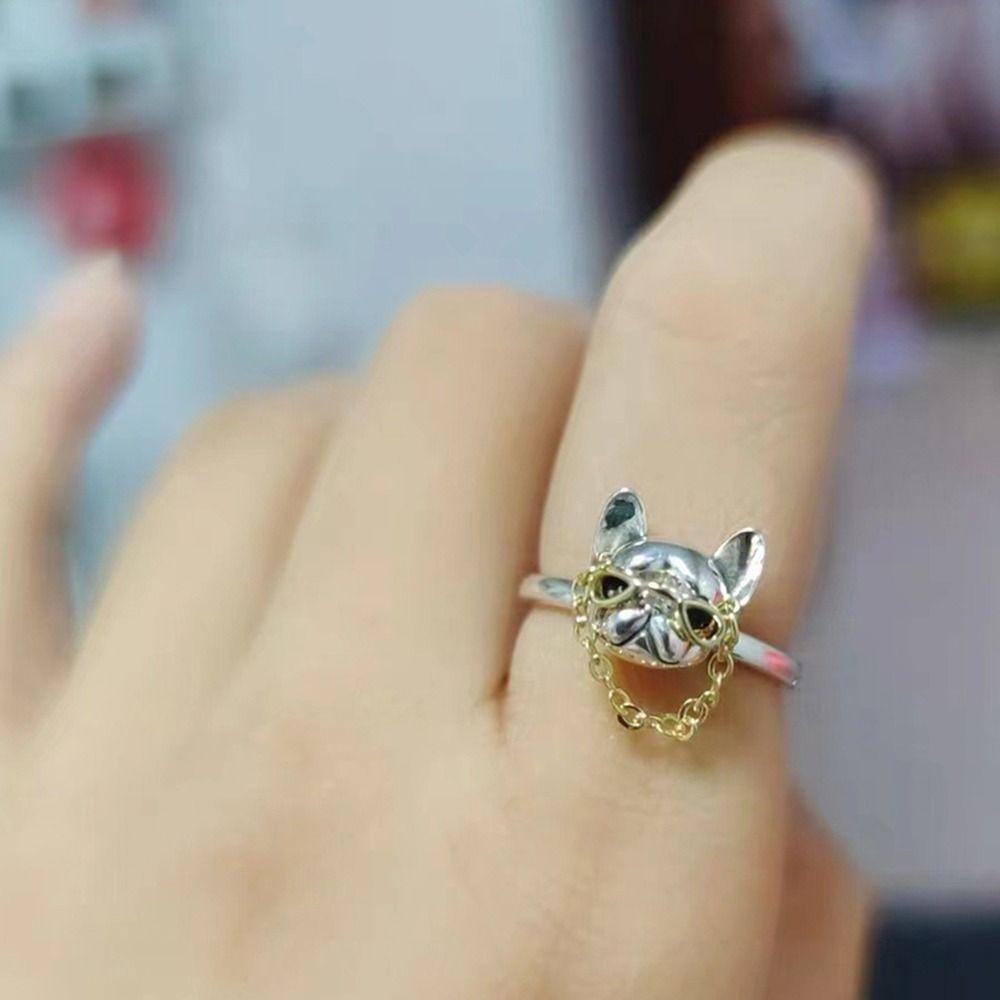 Mxbeauty Wanita Buldog Anting Trendi Lucu Halus Desain Niche Hadiah Gadis Tembaga Memakai Rantai Kacamata Alloy Cincin Jari Terbuka