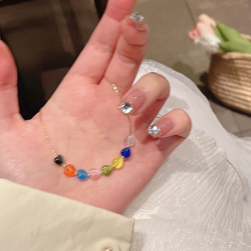 Roselife Korea Trendi Warna-Warni Resin Hati Manik-Manik Liontin Kalung Untuk Wanita Gadis Korea Musim Panas Lucu Pelangi Cinta Pesona Choker Necklaces Perhiasan Aksesoris