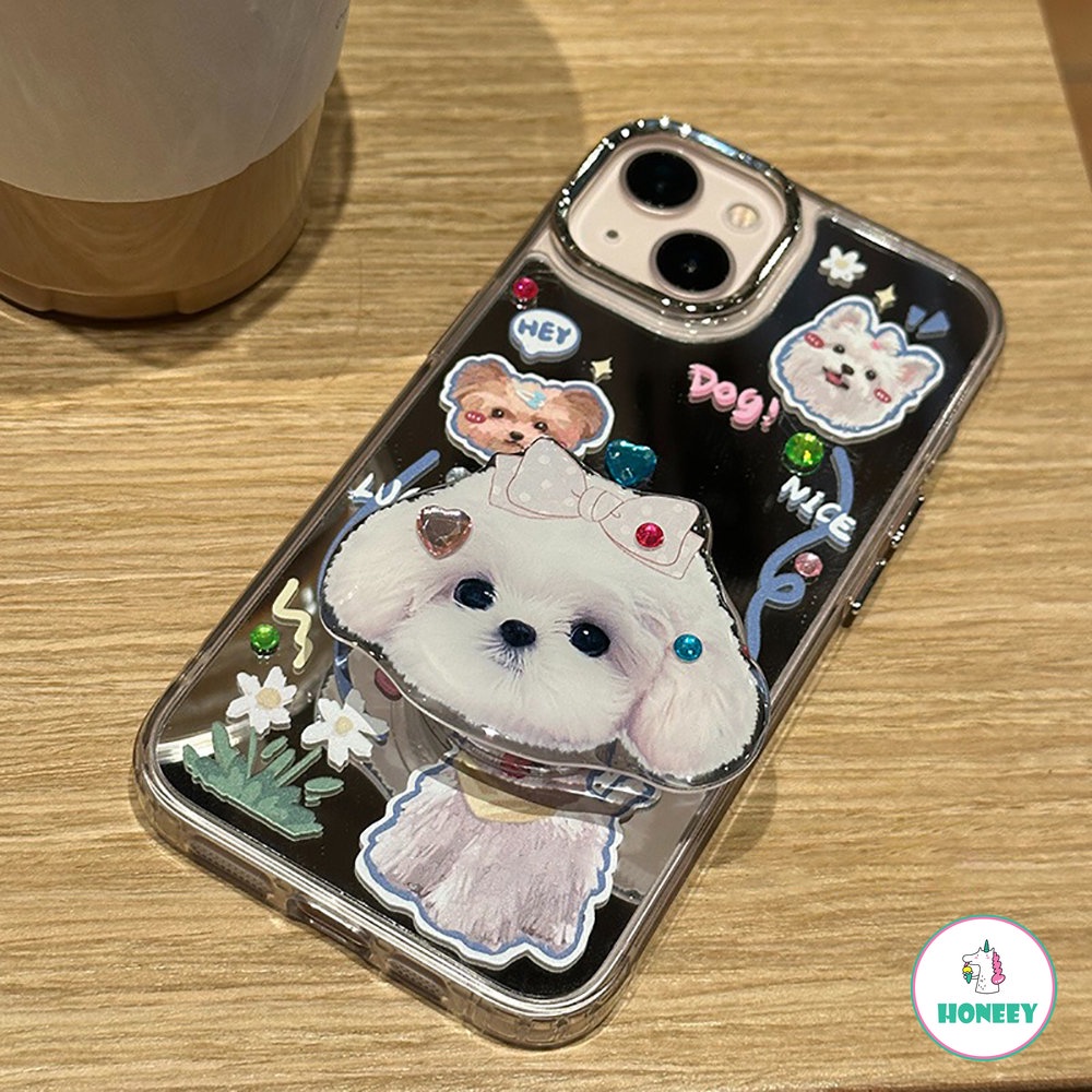 IPHONE Casing Ponsel Cermin Puppy Bunga Lucu Kompatibel Untuk Iphone11 12 13 14 Pro Max Shockproof Handphone Back Cover