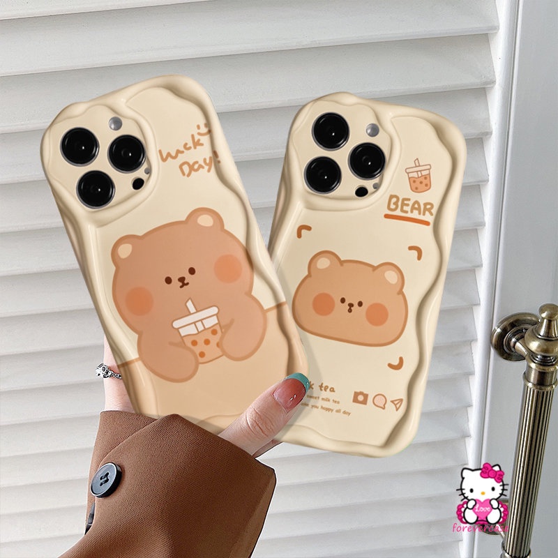 Casing 3D Wavy Curved Edge Glossy Kompatibel Untuk IPhone 7Plus XR X XS Max 6 7 8 6s Plus 11 13 14 12 Pro Max SE 2020 Lucu Cartono Bear Milk Tea Phone Shockproof Soft Cover