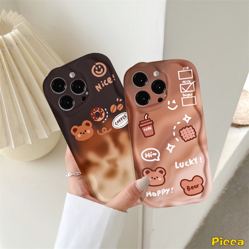 Casing Tepi Melengkung Bergelombang 3D Untuk Redmi 9A 10C 9T 9C 10 9 A1 10A 9C NFC A2 Redmi Note 11 10 8 9 11s 10s 10Pro 10 Pro Max Plus POCO M3 Kartun Beruang Lucu Kopi Donat Gradasi Lembut Sarung