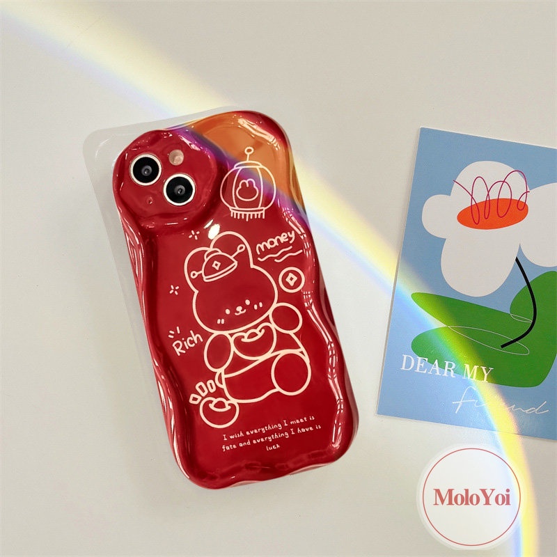 Soft Case 3D Wavy Curved Edge Kompatibel Untuk IPhone XR XS X Max11 14 13 12 Pro Max8 6s 6 7 Plus SE 2020 Checkerboard Kartun Merah Perayaan Tahun Baru Kelinci Lucu Cover