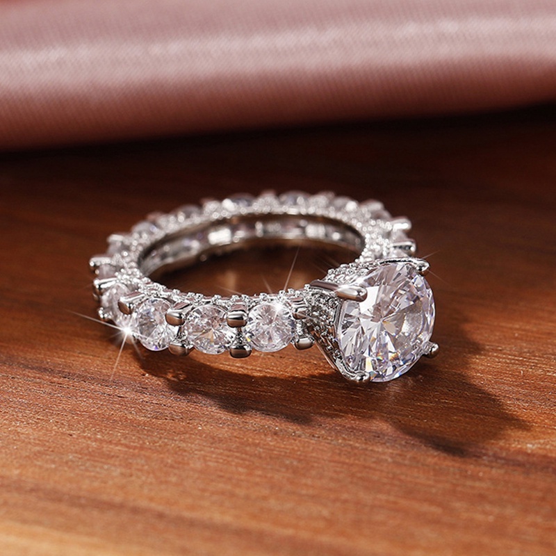 Full Paved Bulat Cubic Zirconia Eternity Promise Rings Mewah Pertunangan Pernikahan Band Aksesori Untuk Wanita Perhiasan Trendi