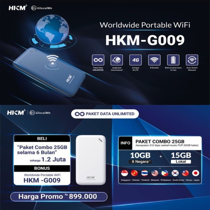 HKM G009 Modem Mifi GlocalMe Worldwide Portable wifi Free Kuota Resmi