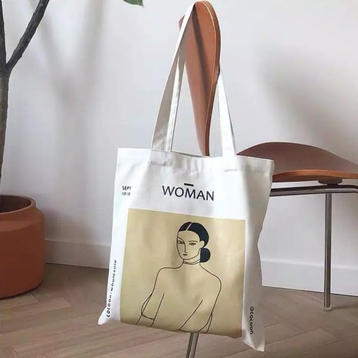 Tas Tote Bag Wanita Non Resleting Terbaru 2021 Aesthetic Kekinian Motif Carakter WOMAN Korea Style Multifungsi