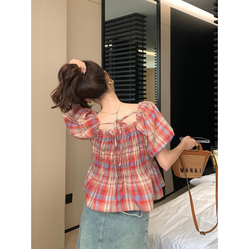 Kemeja Oversize Wanita Lengan Pendek Kotak Summer Casual Blouse