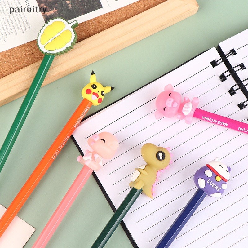 Prt 10pcs Topi Pensil Kartun Lucu Silikon Netral Pen Cover Perlengkapan Siswa Sekolah Karet Lembut Pelindung Pensil PRT